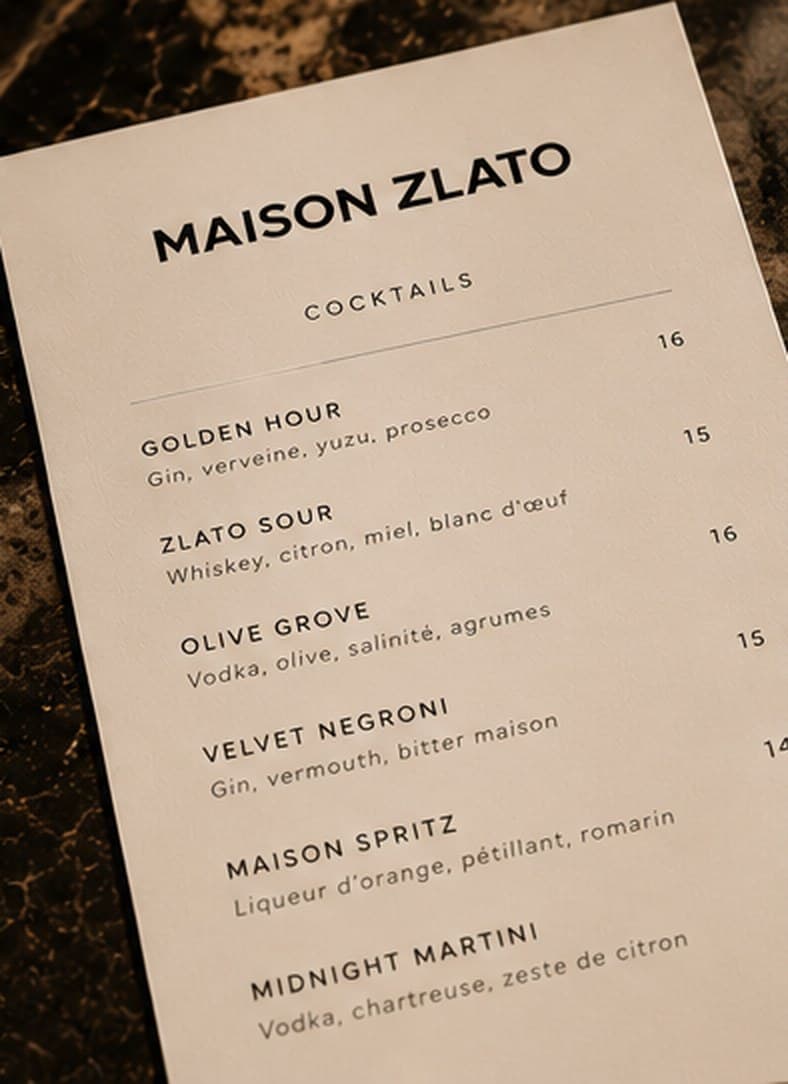 Carte des cocktails Maison Zlato posée sur un marbre noir